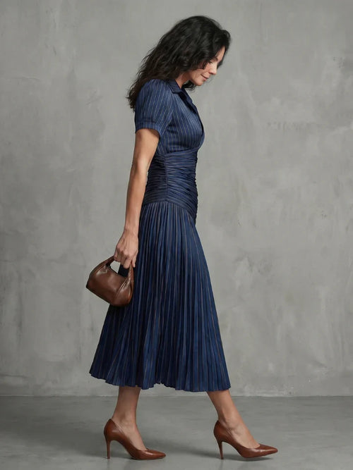 Theodora | Pleated Waistline Stripe Midi Dress